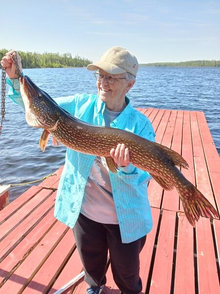Person holding a freshly caught fish at Woman Lake Lodge